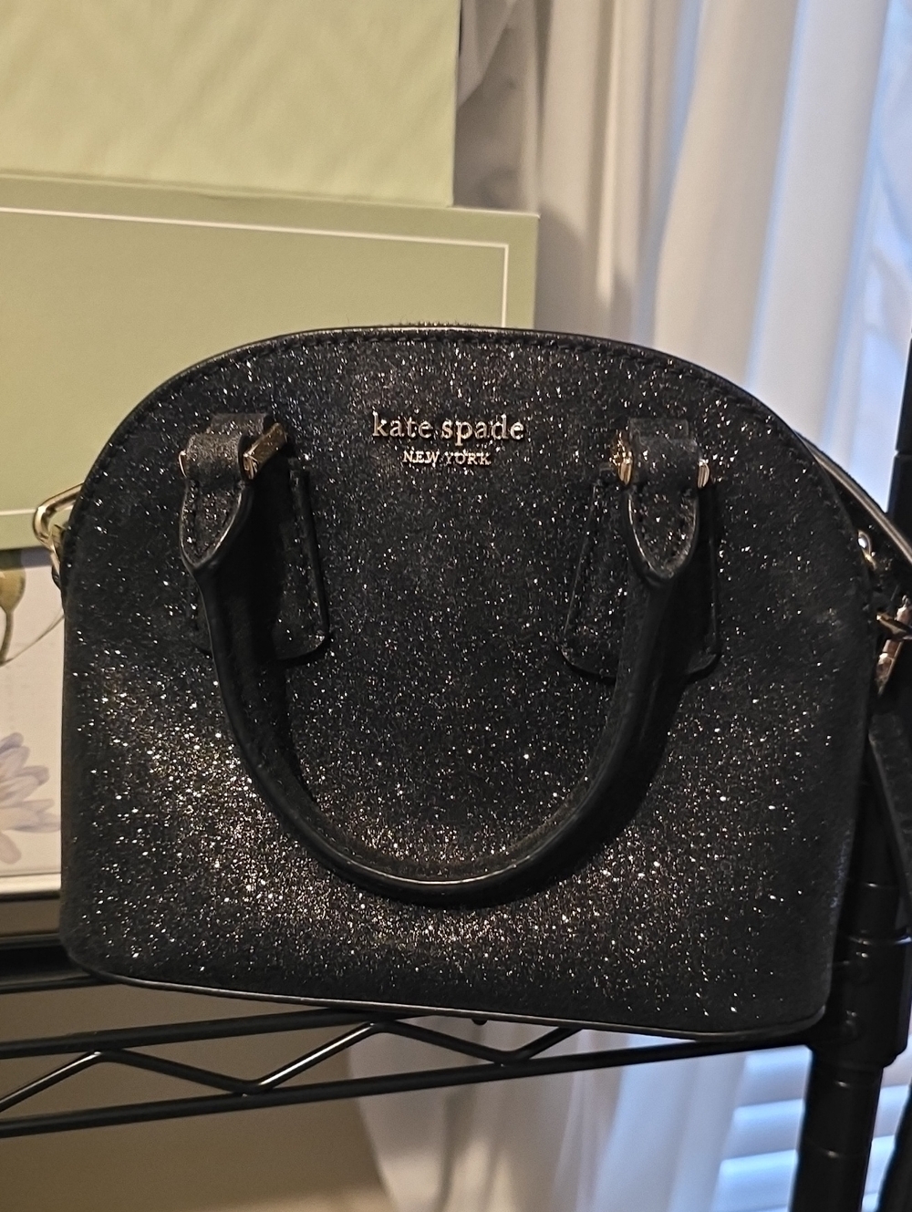kate spade Black Sparkly Mini Satchel with Pink Lining